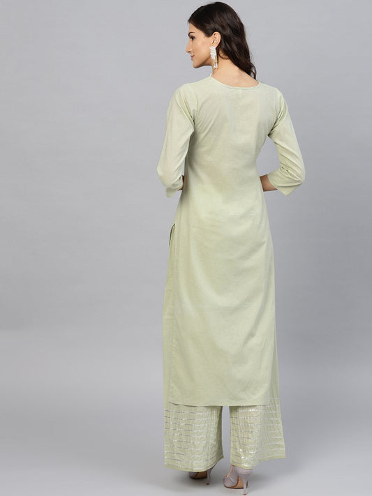 Women's Pastel Green 3/4Th Sleeve Cotton Kurta With Gotta Patti Work At Yoke And Ankle Length Palazzo