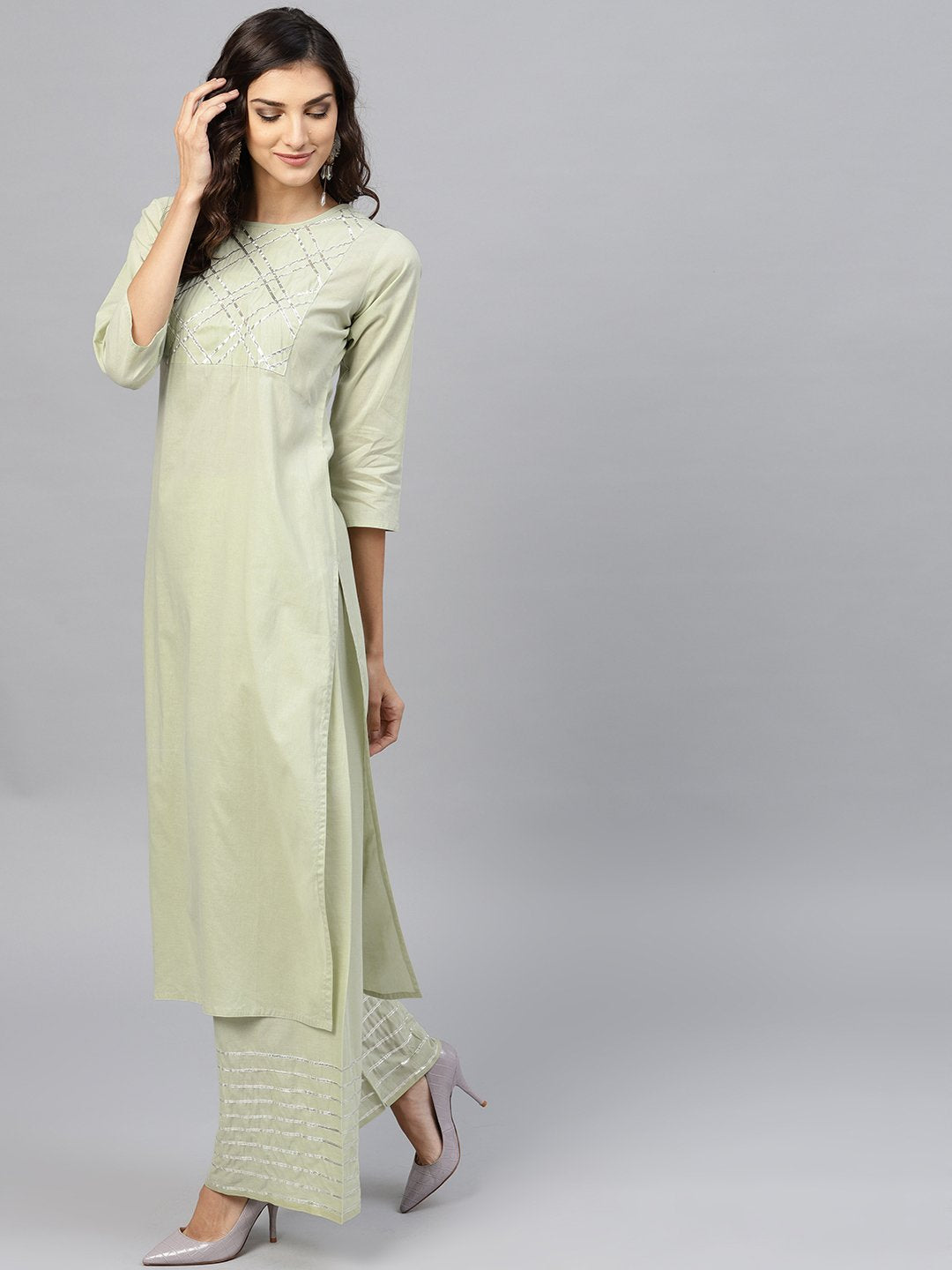 Women's Pastel Green 3/4Th Sleeve Cotton Kurta With Gotta Patti Work At Yoke And Ankle Length Palazzo