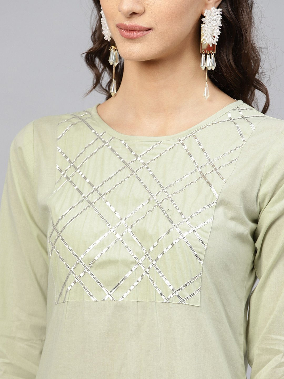 Women's Pastel Green 3/4Th Sleeve Cotton Kurta With Gotta Patti Work At Yoke And Ankle Length Palazzo