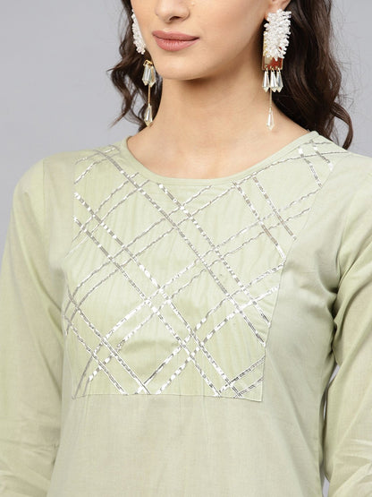 Women's Pastel Green 3/4Th Sleeve Cotton Kurta With Gotta Patti Work At Yoke And Ankle Length Palazzo