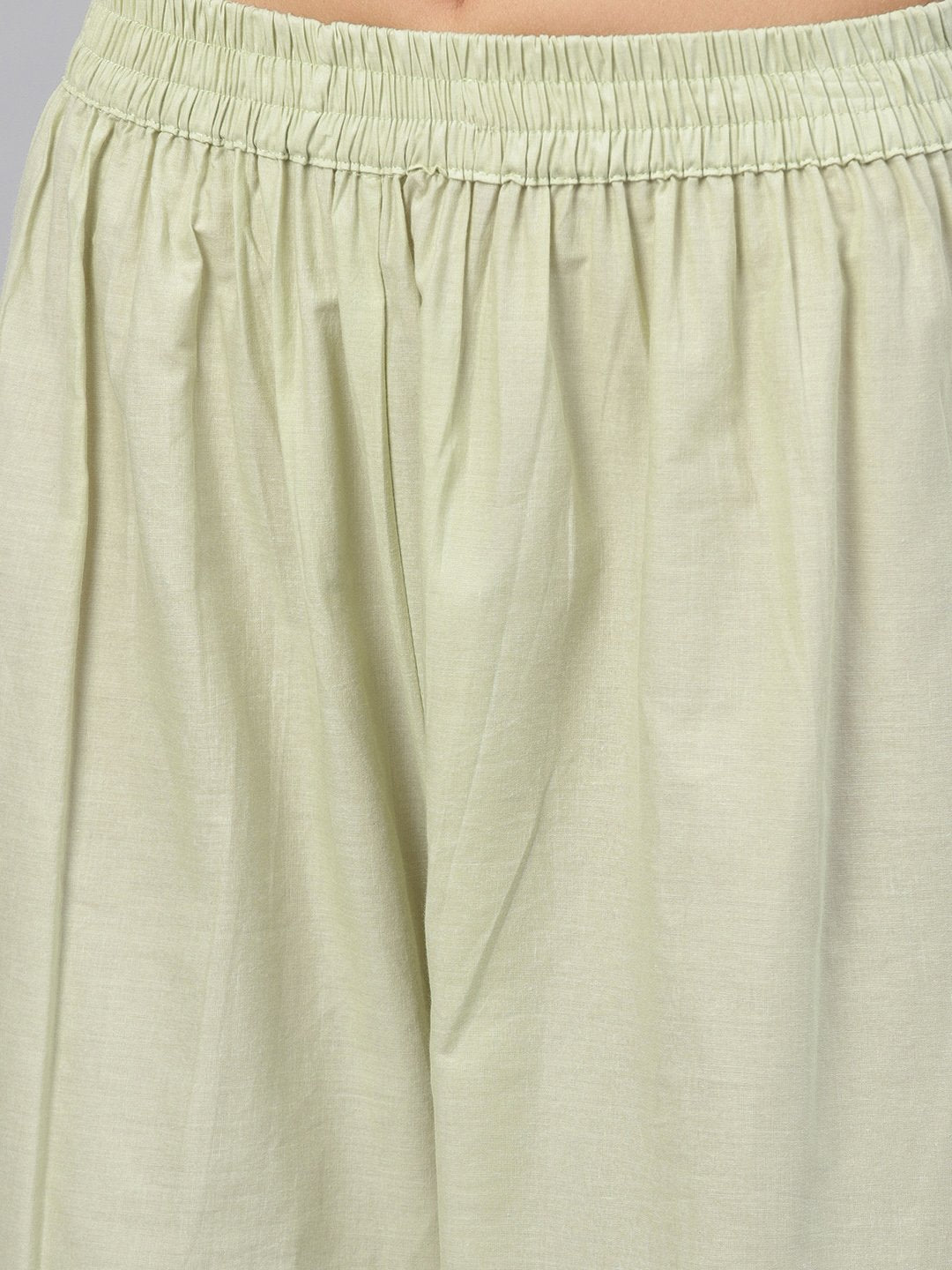 Women's Pastel Green 3/4Th Sleeve Cotton Kurta With Gotta Patti Work At Yoke And Ankle Length Palazzo