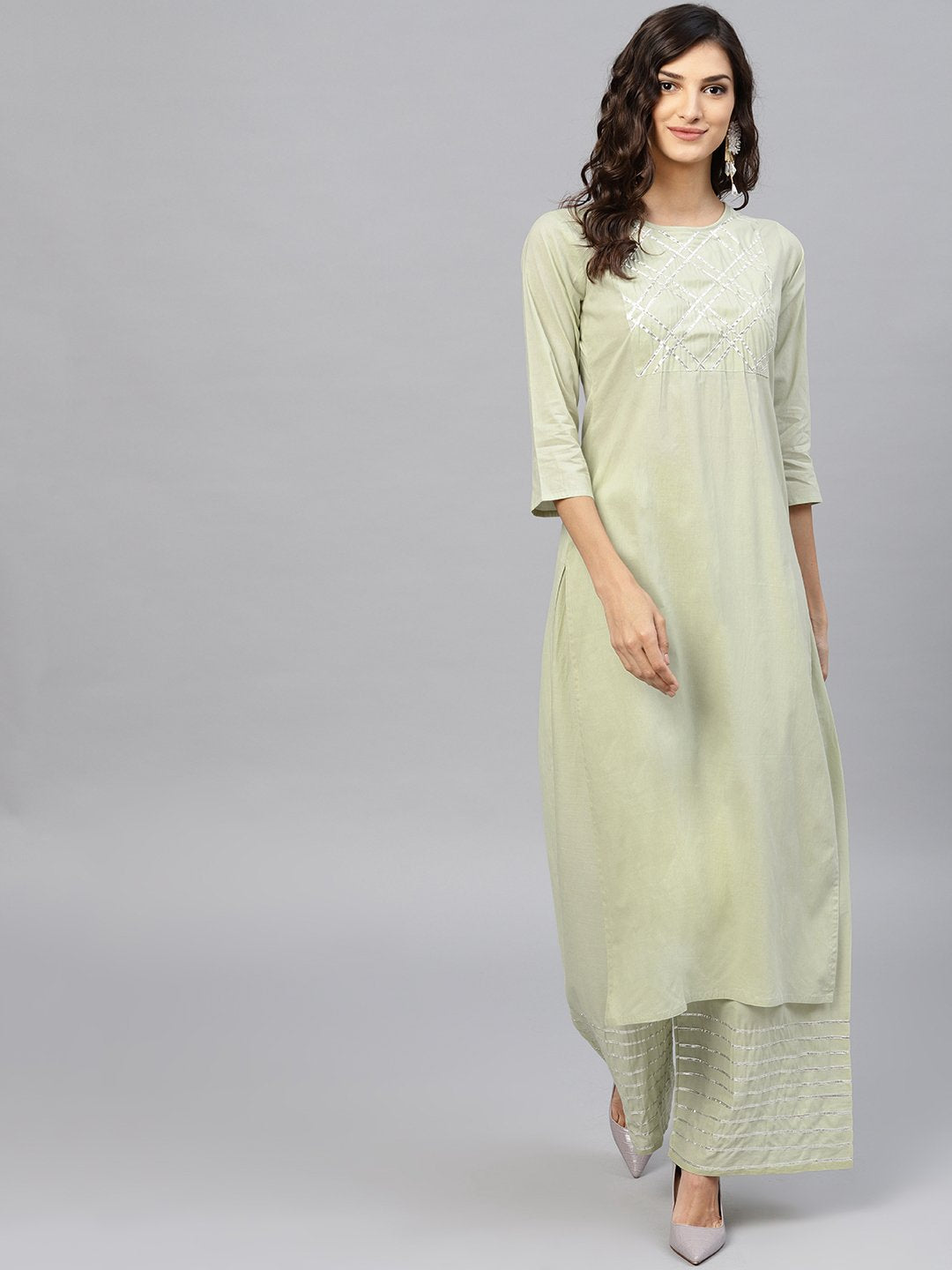 Women's Pastel Green 3/4Th Sleeve Cotton Kurta With Gotta Patti Work At Yoke And Ankle Length Palazzo