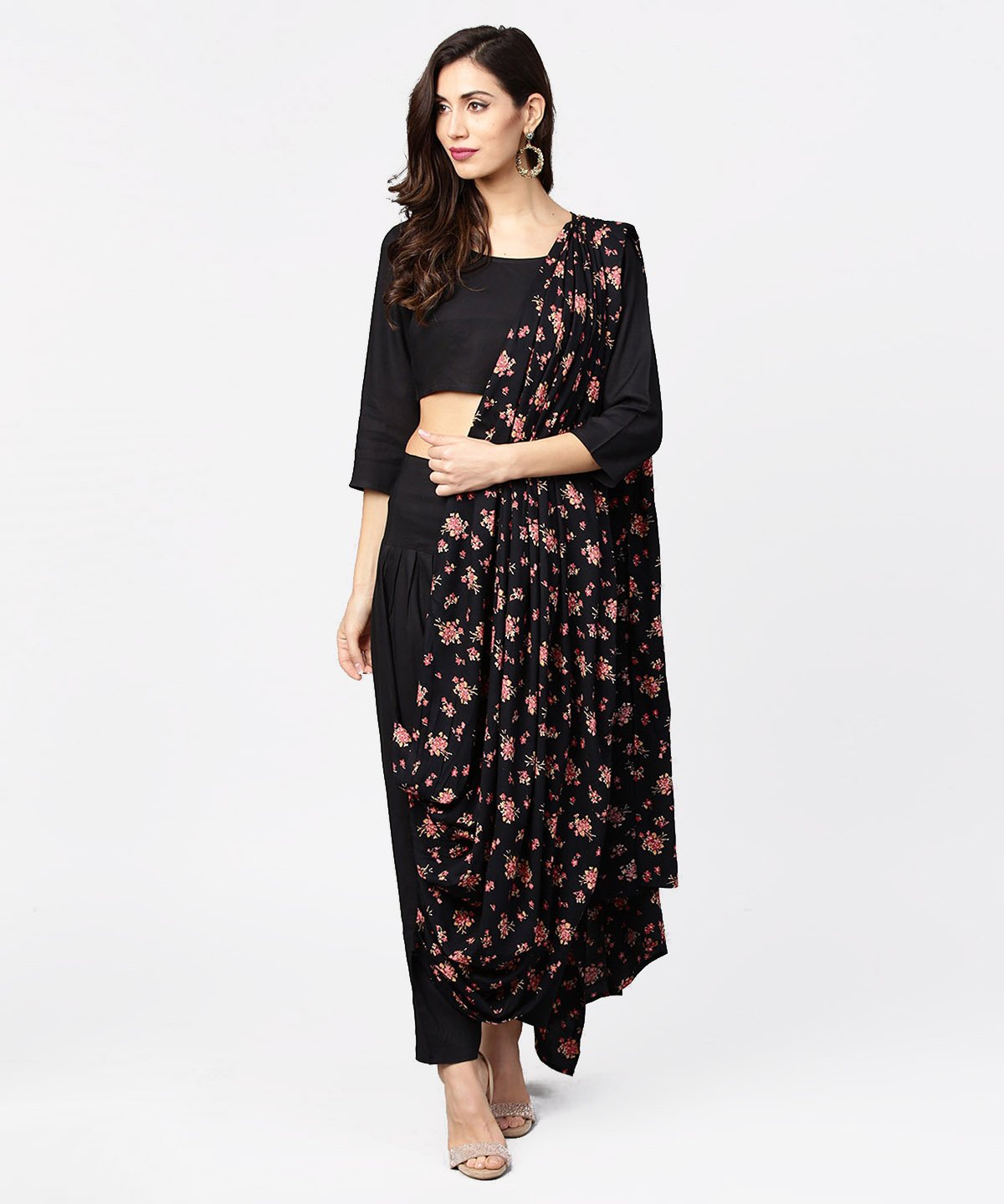 Women's Black Printed Palazzo Saree With 3/4Th Sleeve Round Neck Blouse