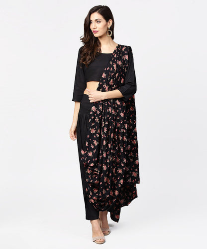Women's Black Printed Palazzo Saree With 3/4Th Sleeve Round Neck Blouse