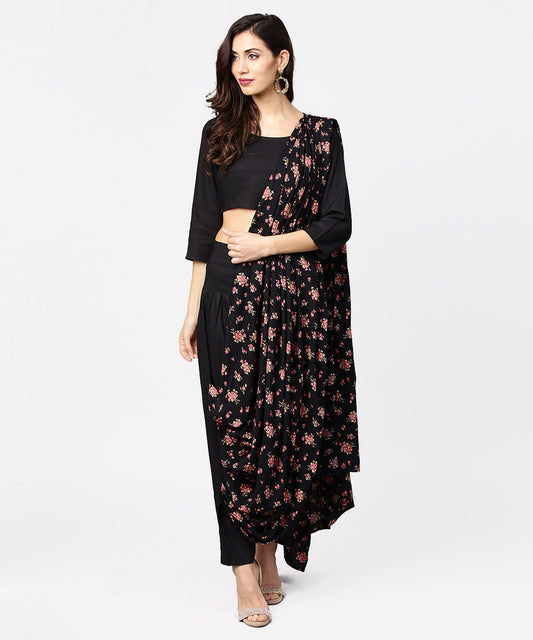 Women's Black Printed Palazzo Saree With 3/4Th Sleeve Round Neck Blouse
