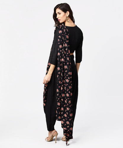 Women's Black Printed Palazzo Saree With 3/4Th Sleeve Round Neck Blouse