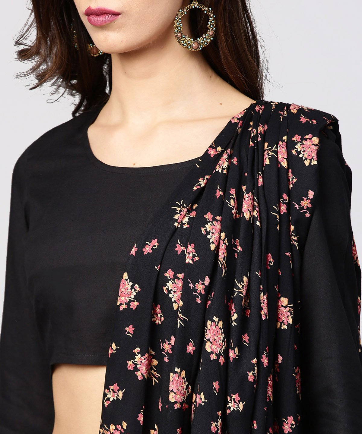 Women's Black Printed Palazzo Saree With 3/4Th Sleeve Round Neck Blouse