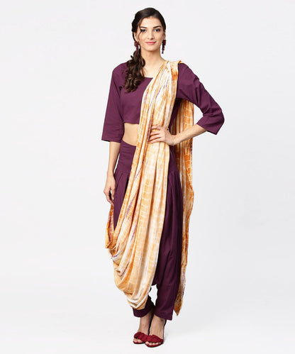 Women's Pink Printed Palazzo Saree With 3/4Th Sleeve Round Neck Blouse