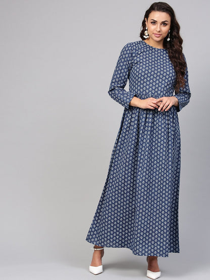 Women's Navy Blue Printed Maxi Dress With Round Neck & Full Sleeves