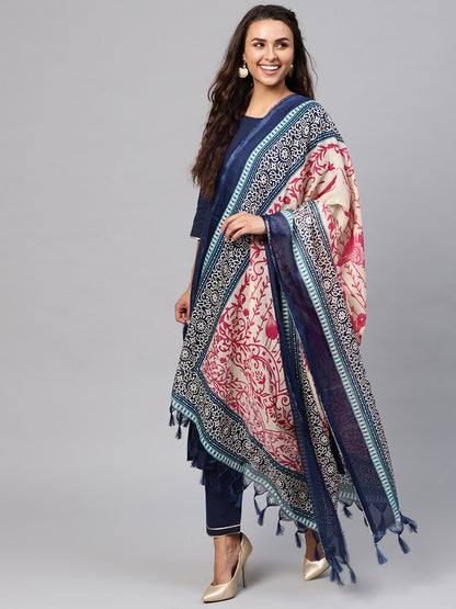 Women's Solid Navy Blue Kurta Set With Pants & printed Dupatta