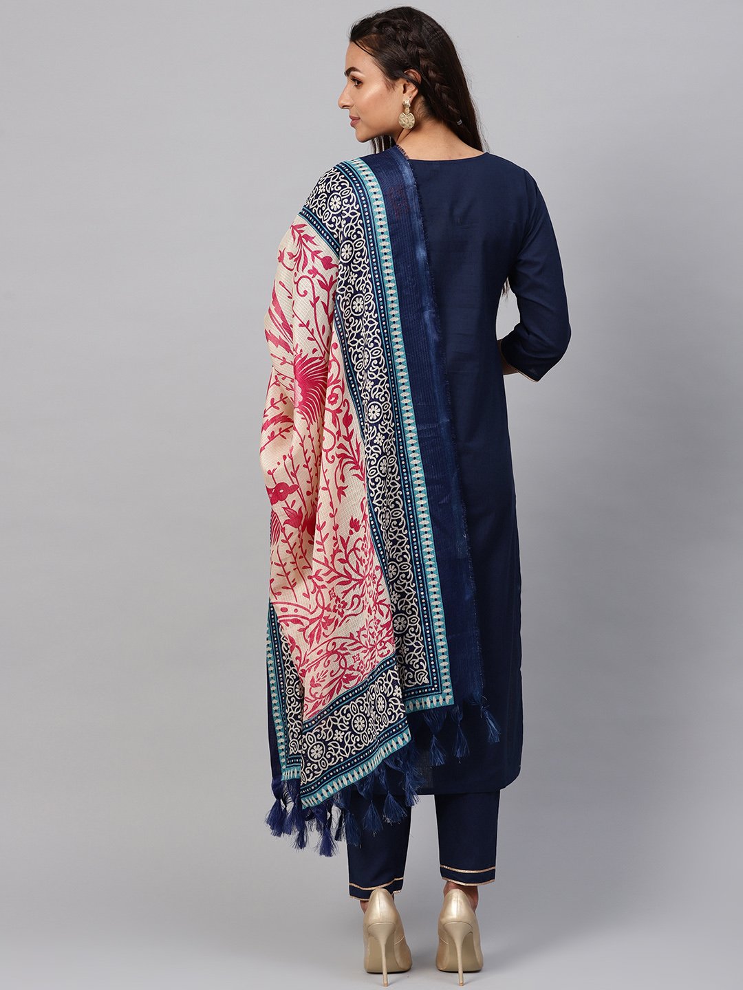 Women's Solid Navy Blue Kurta Set With Pants & printed Dupatta