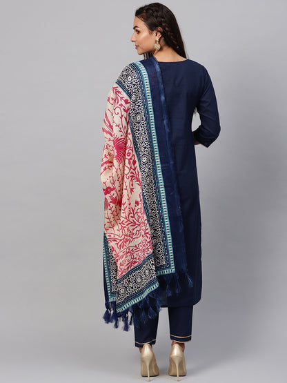 Women's Solid Navy Blue Kurta Set With Pants & printed Dupatta