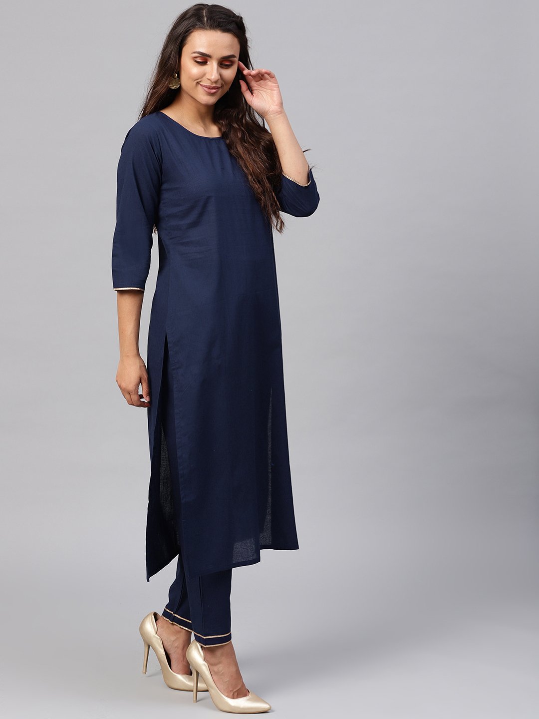 Women's Solid Navy Blue Kurta Set With Pants & printed Dupatta