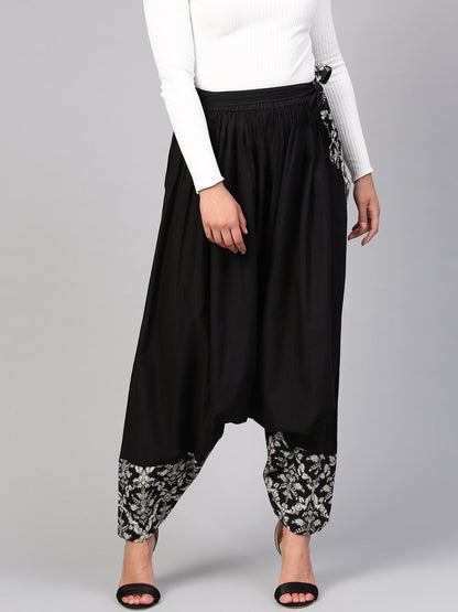 Women's Solid Black Detailed With Print Harem