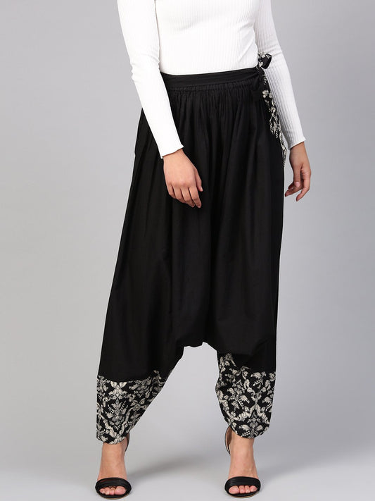 Women's Solid Black Detailed With Print Harem