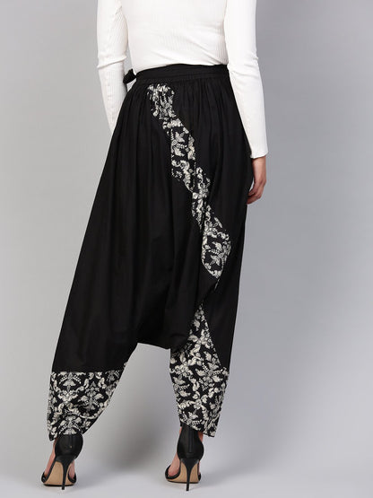 Women's Solid Black Detailed With Print Harem