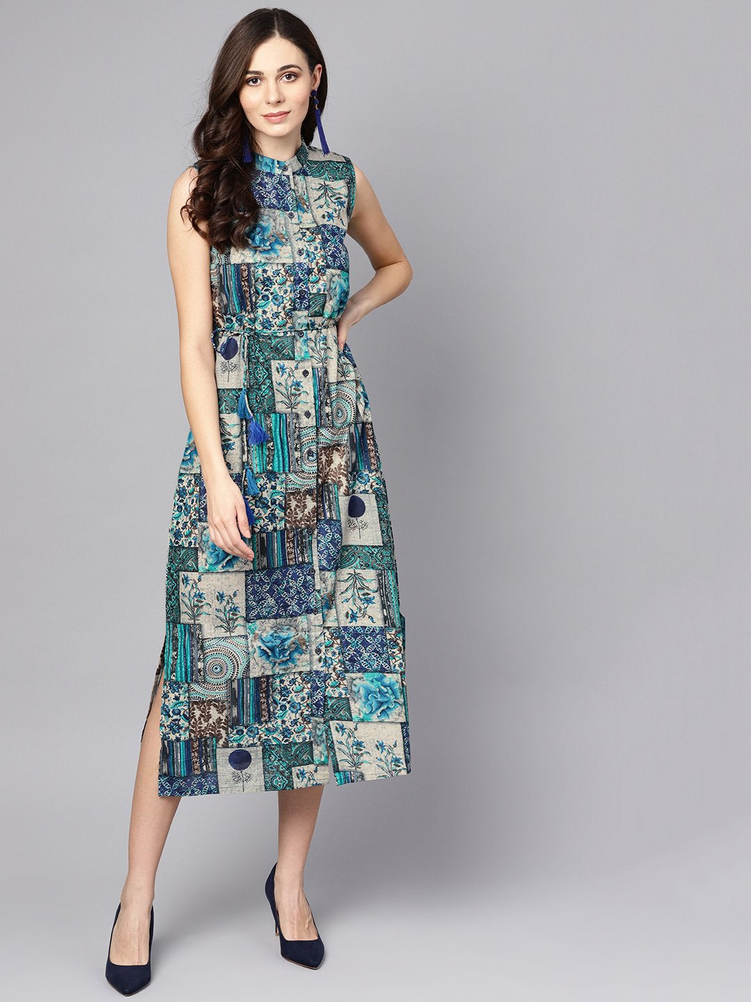 Women's Multi Colored Ankle Length Dress With Madarin Collar