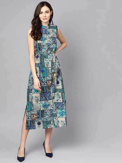 Women's Multi Colored Ankle Length Dress With Madarin Collar