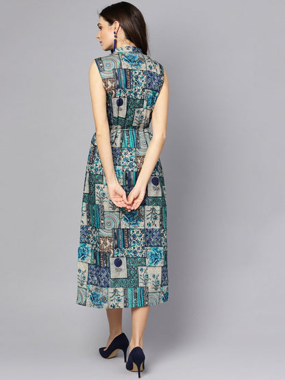 Women's Multi Colored Ankle Length Dress With Madarin Collar