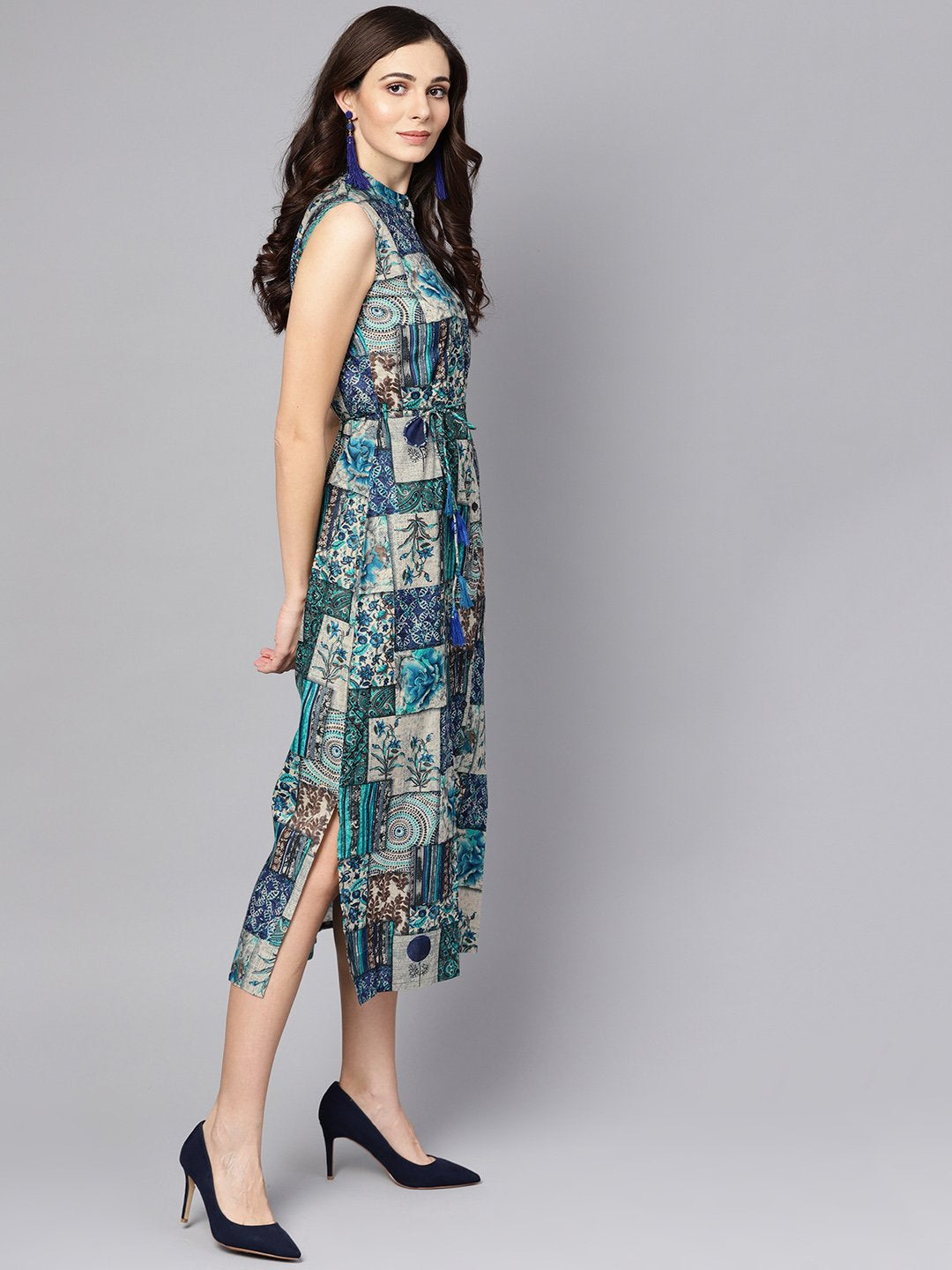 Women's Multi Colored Ankle Length Dress With Madarin Collar