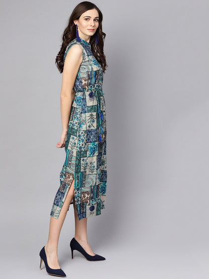Women's Multi Colored Ankle Length Dress With Madarin Collar