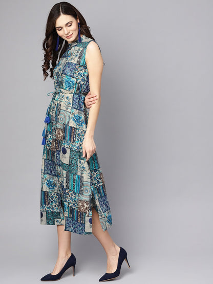 Women's Multi Colored Ankle Length Dress With Madarin Collar