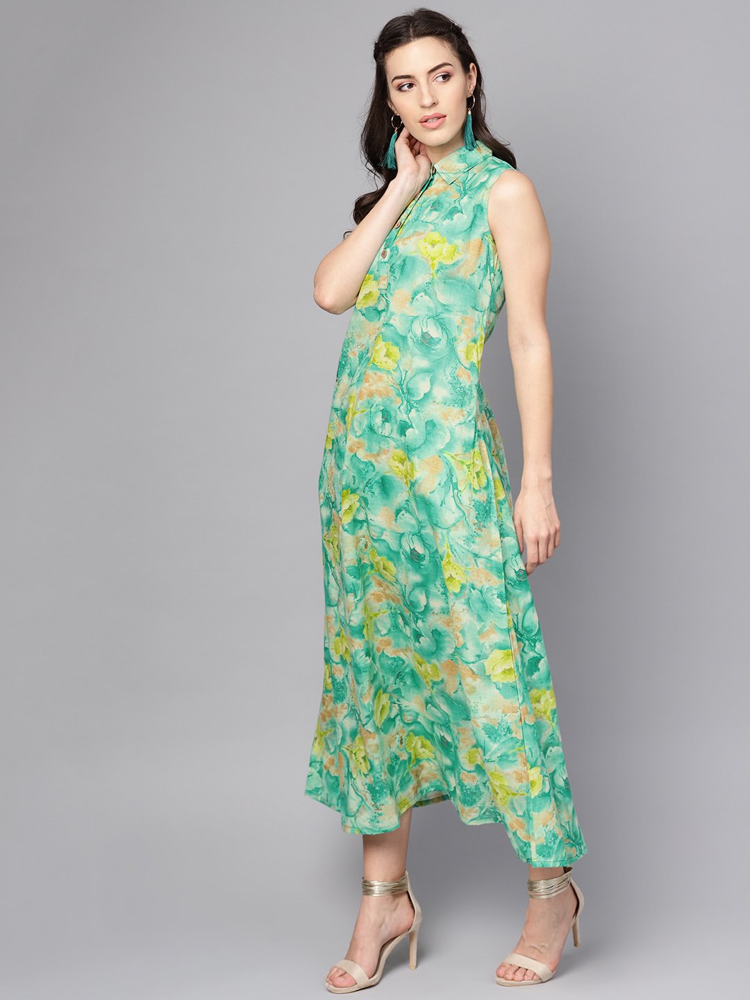 Women's Multi Colored A-Line Dress With Shirt Collar