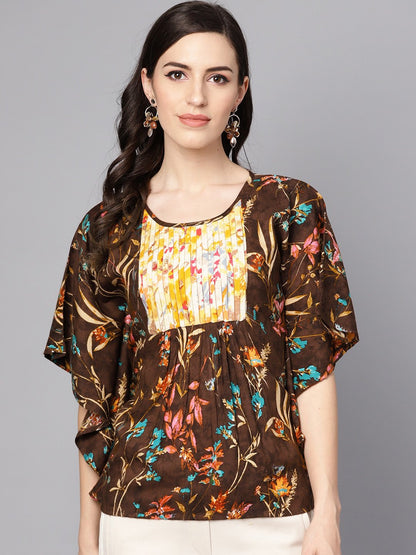 Women's Chocolate Brown Multi Colored  Kaftaan Top With Pleated Yoke
