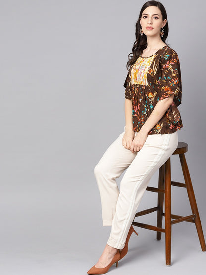Women's Chocolate Brown Multi Colored  Kaftaan Top With Pleated Yoke