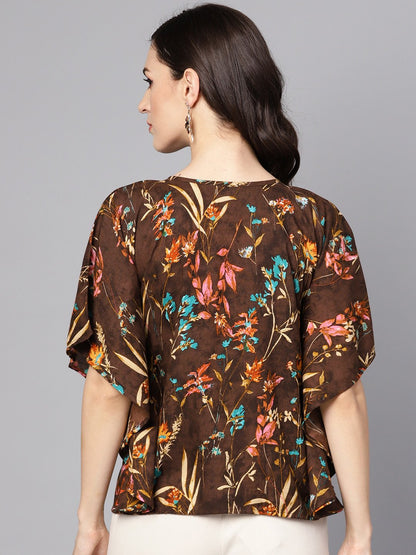 Women's Chocolate Brown Multi Colored  Kaftaan Top With Pleated Yoke