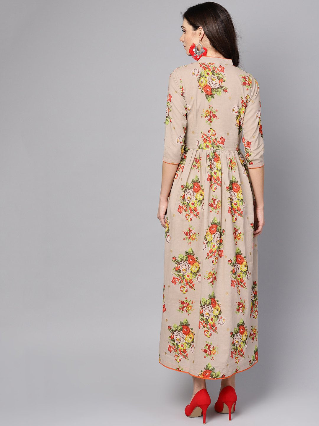 Women's Beige Multi Colored Angrakha Style Maxi Dress Emblished With Tassels