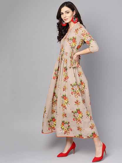 Women's Beige Multi Colored Angrakha Style Maxi Dress Emblished With Tassels