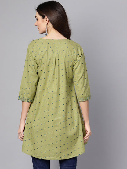 Women's Green Printed 3/4Th Sleeve Cotton A-Line Kurta