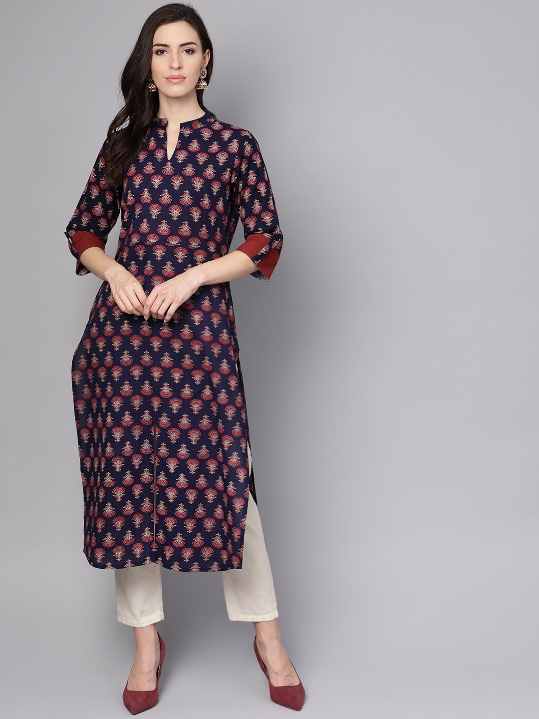 Women's Blue Printed 3/4Th Sleeve Cotton Straight Kurta
