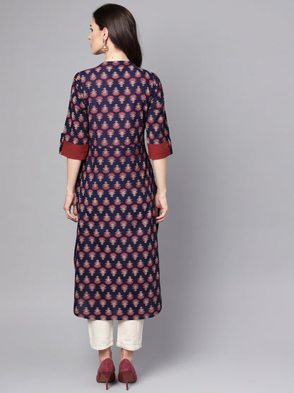 Women's Blue Printed 3/4Th Sleeve Cotton Straight Kurta