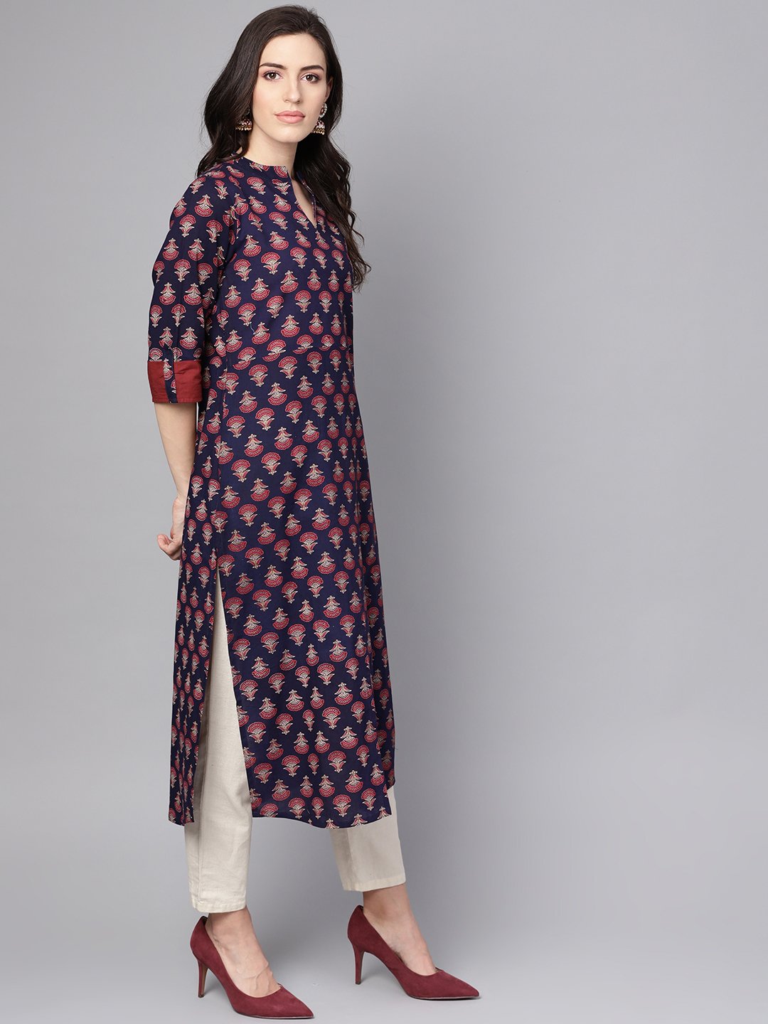 Women's Blue Printed 3/4Th Sleeve Cotton Straight Kurta