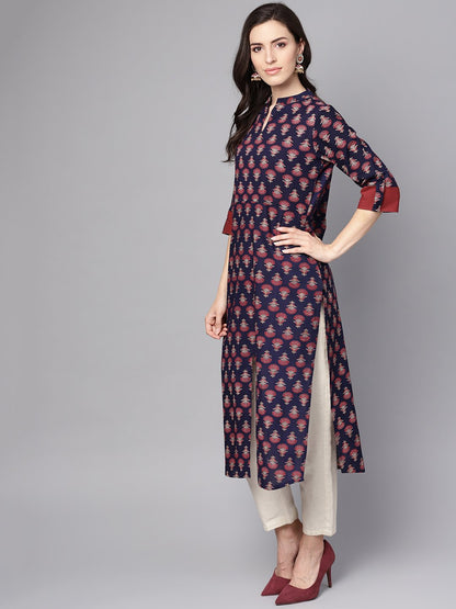 Women's Blue Printed 3/4Th Sleeve Cotton Straight Kurta
