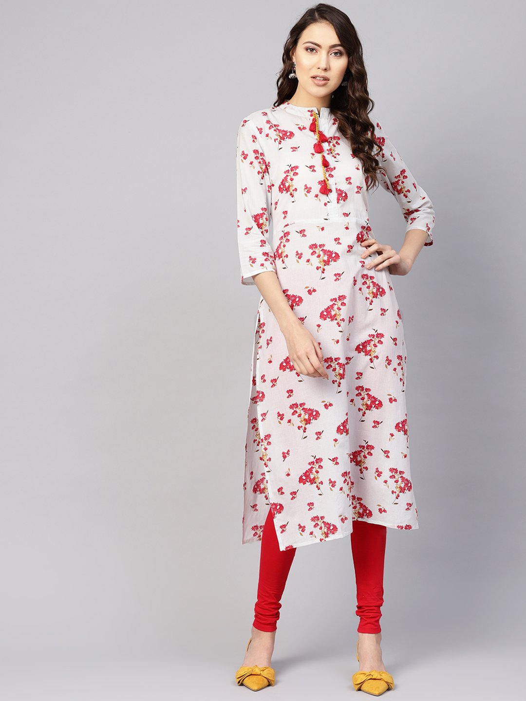 Women's Grey & Pink Printed Straight Kurta