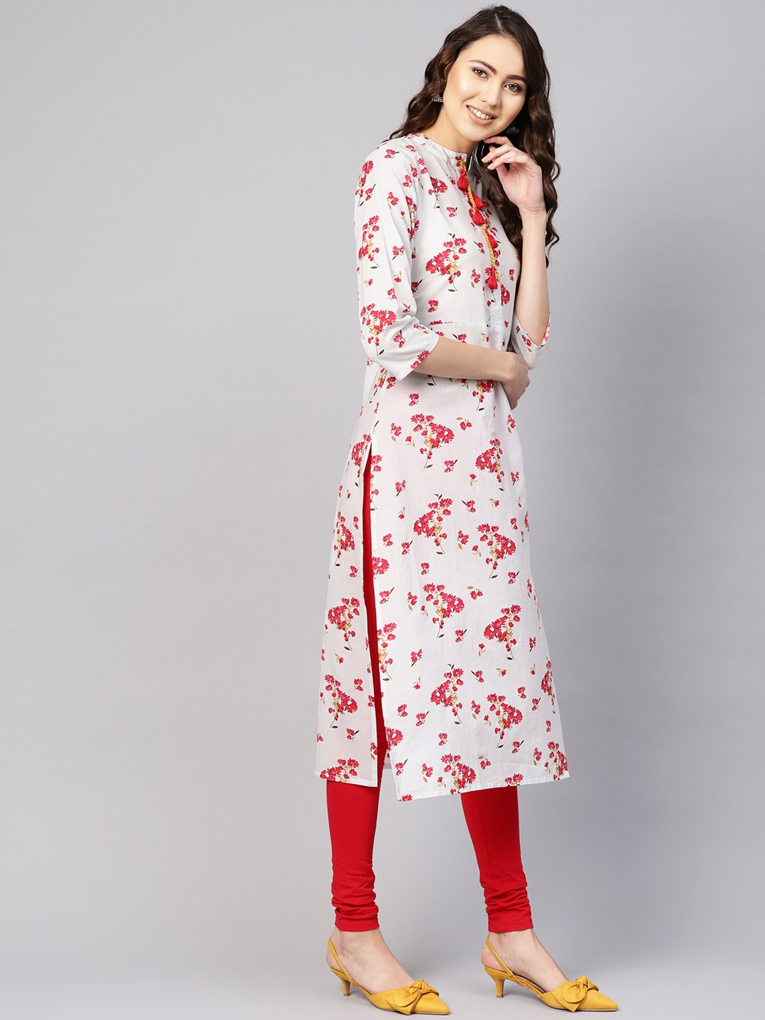 Women's Grey & Pink Printed Straight Kurta