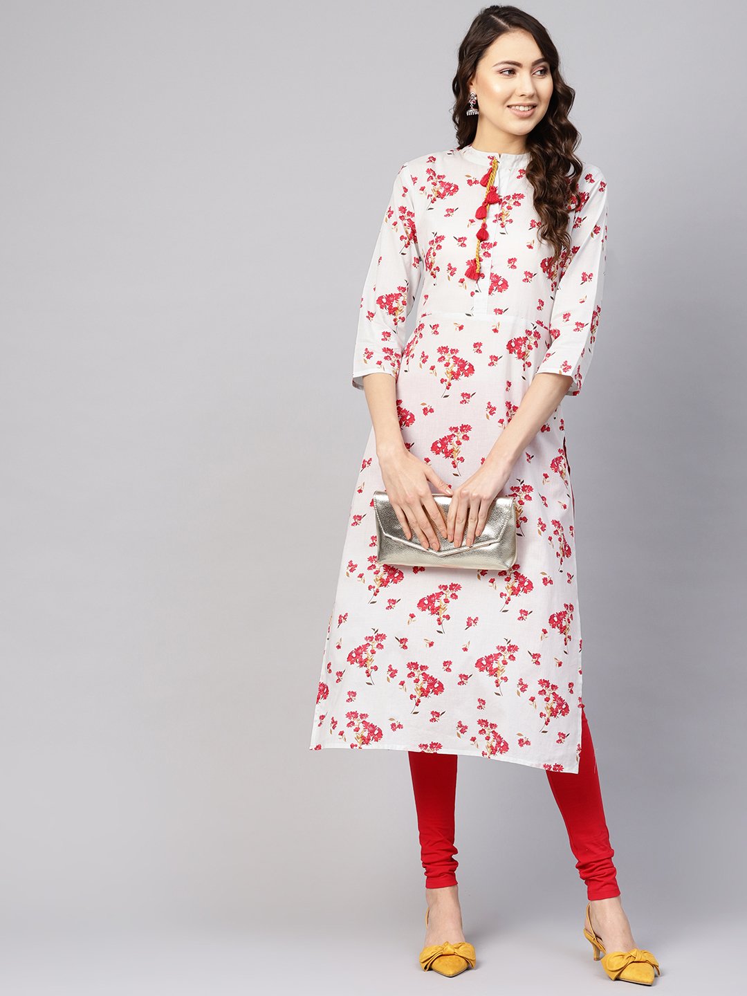 Women's Grey & Pink Printed Straight Kurta