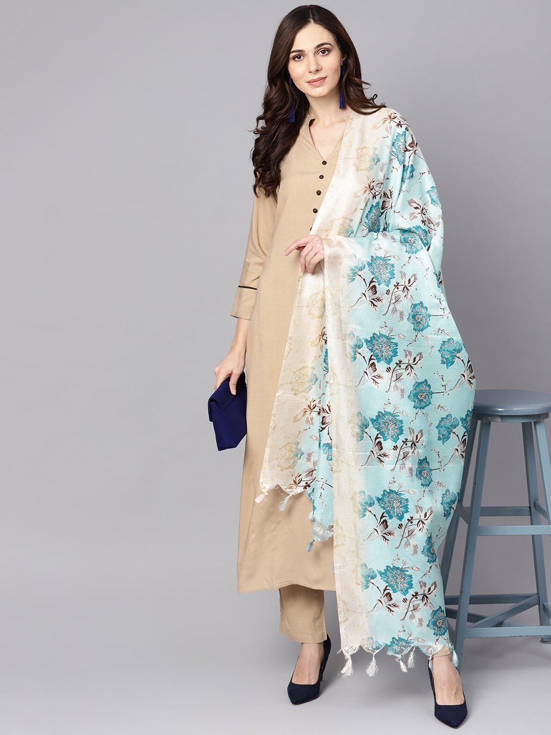 Women's Beige 3/4th sleeve Rayon Kurta with ankle length palazzo and printed dupatta
