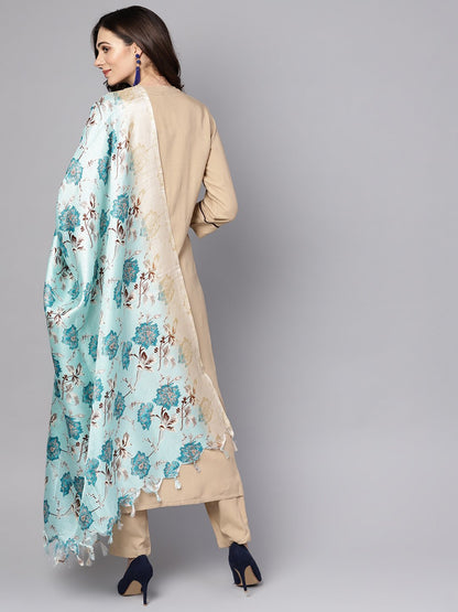 Women's Beige 3/4th sleeve Rayon Kurta with ankle length palazzo and printed dupatta
