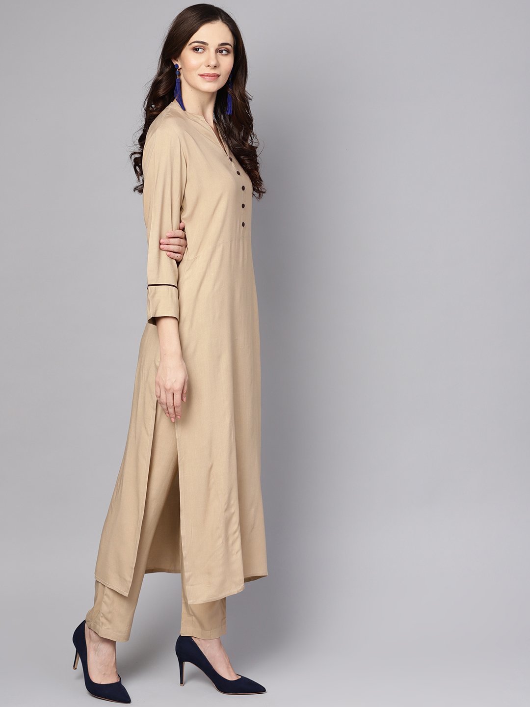Women's Beige 3/4th sleeve Rayon Kurta with ankle length palazzo and printed dupatta