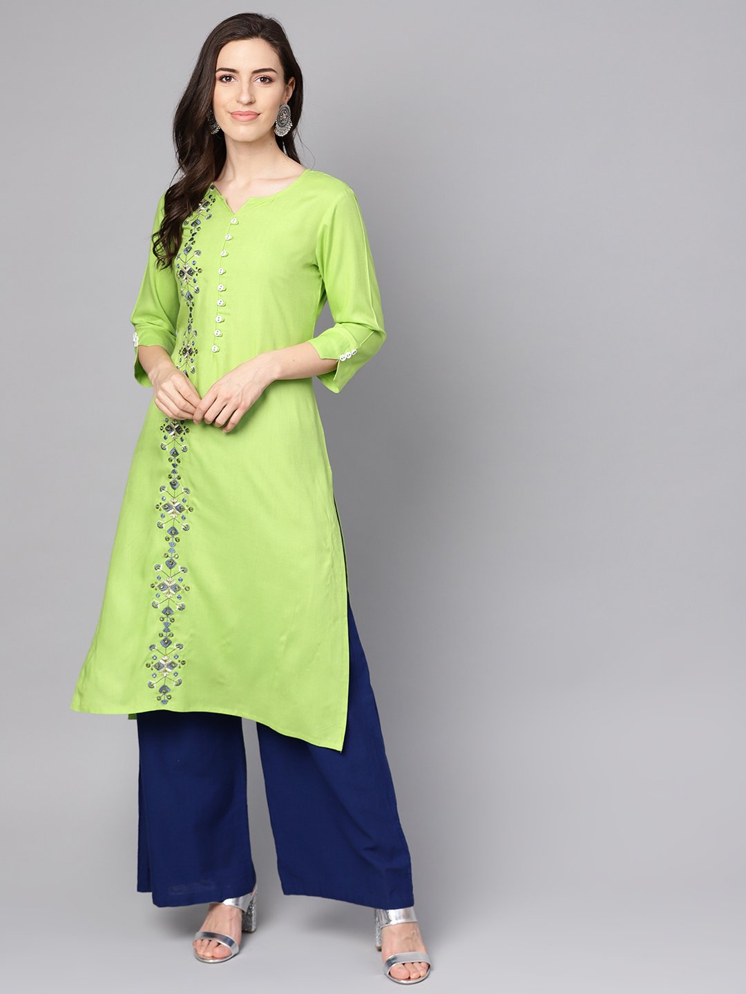 Women's Green 3/4Th Sleeve Rayon Embriodery Kurta
