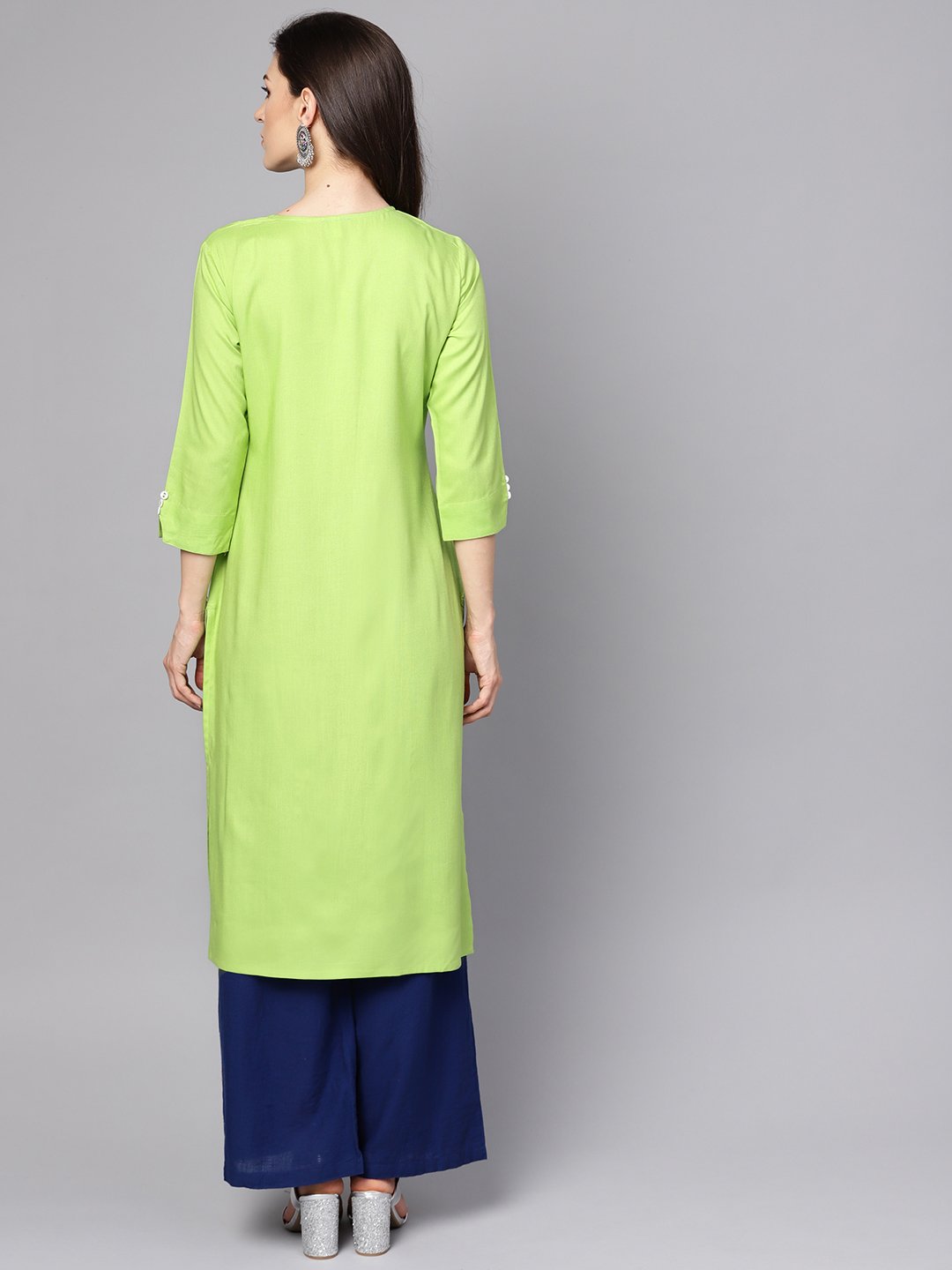 Women's Green 3/4Th Sleeve Rayon Embriodery Kurta