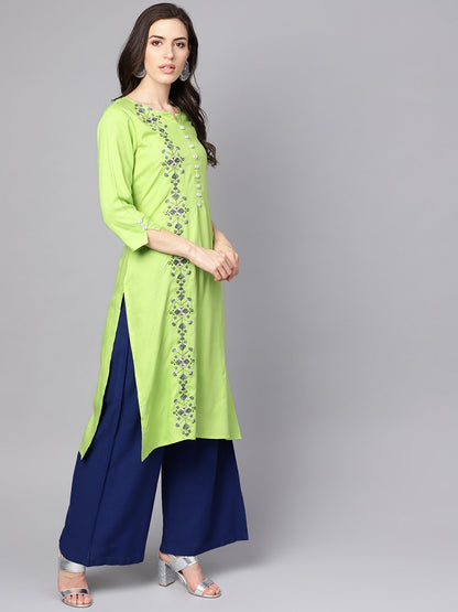 Women's Green 3/4Th Sleeve Rayon Embriodery Kurta
