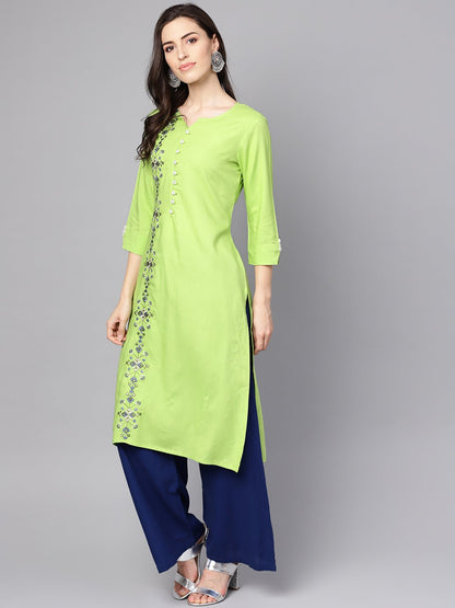 Women's Green 3/4Th Sleeve Rayon Embriodery Kurta