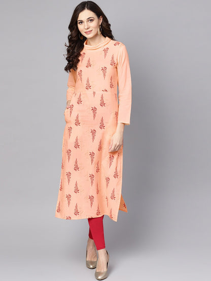 Women's Closed Neck Solid Peach 3/4Th Sleeve Cotton Straight Kurta
