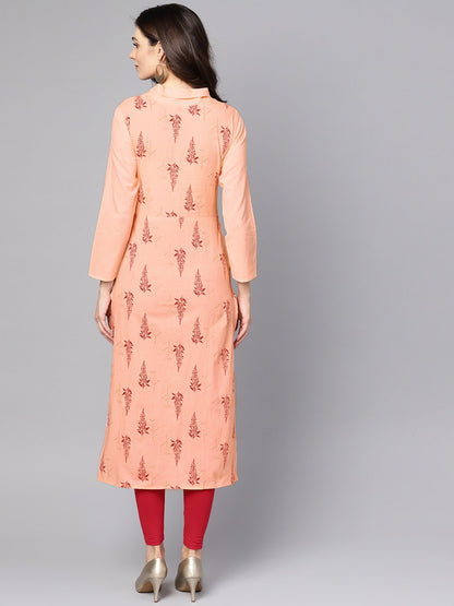 Women's Closed Neck Solid Peach 3/4Th Sleeve Cotton Straight Kurta