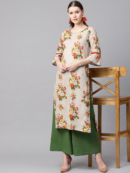 Women's Floral Gold Printed Straight Kurta With Gathered Sleeves & Solid Olive Green Pallazo